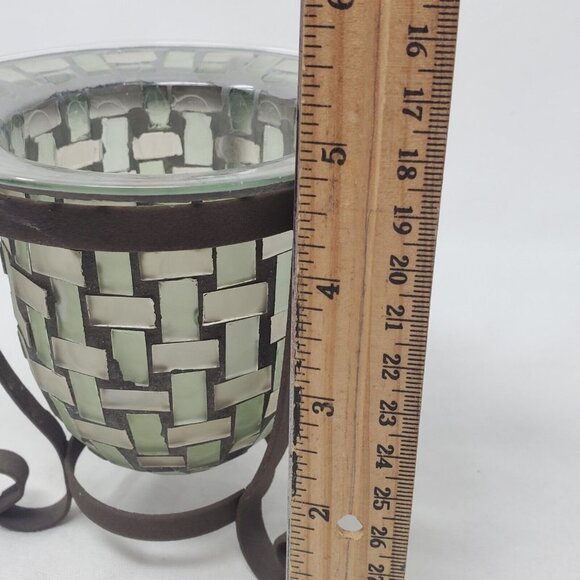 MOSAIC GLASS VOTIVE TEA LIGHT CANDLE HOLDER WITH BROWN METAL STAND - Picture 9 of 11